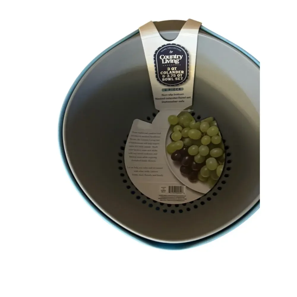Country Living Stackable Bowl & Colander Set Teal Blue Gray Plastic-New